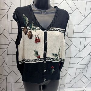 Crazy Horse Womens Sz L Ugly Christmas Sweater Vest Button Front Pine Cones